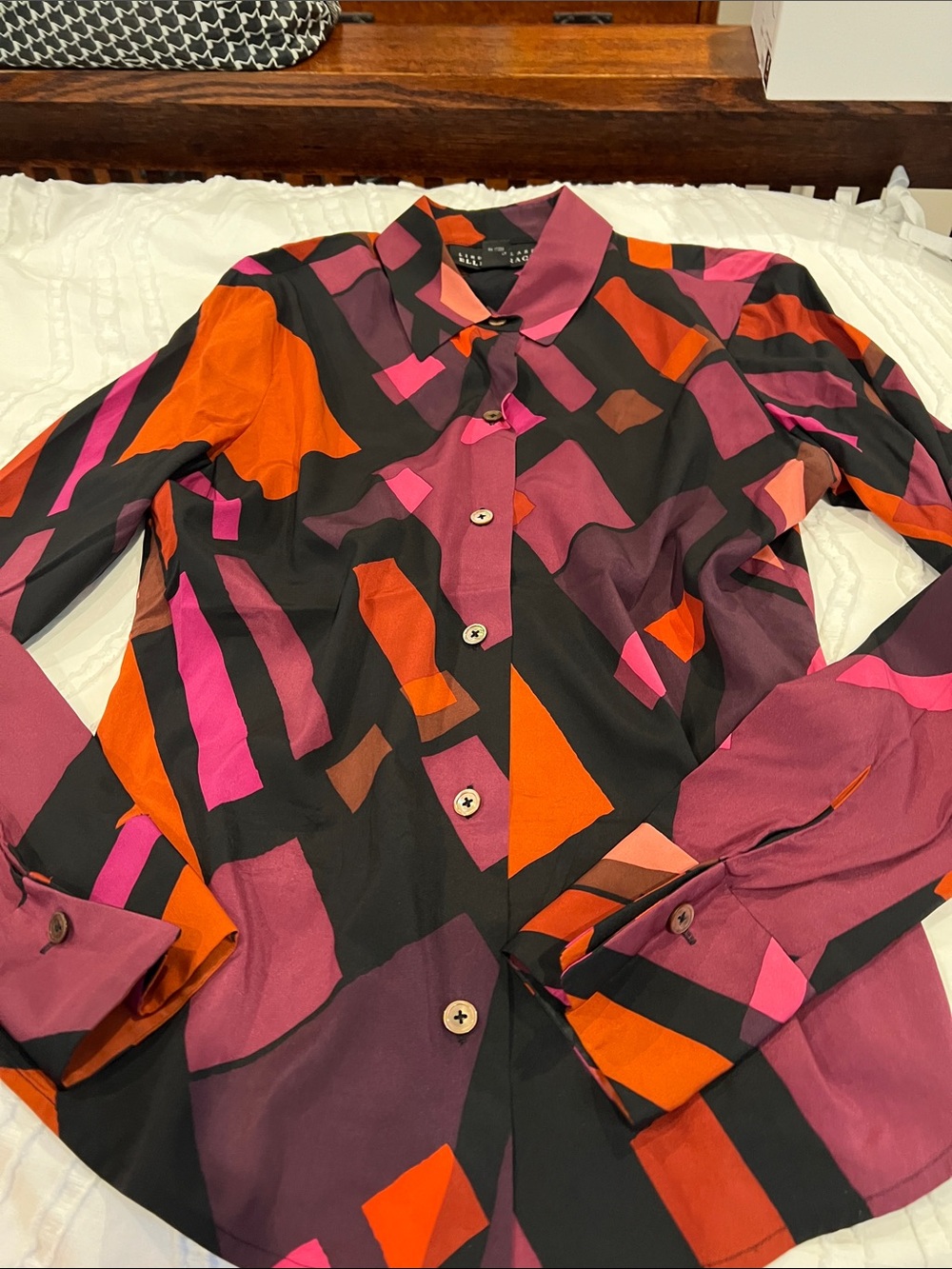 Ellen Tracy Geometric Print Button-Up Blouse in Black, Pink, Orange, Plum